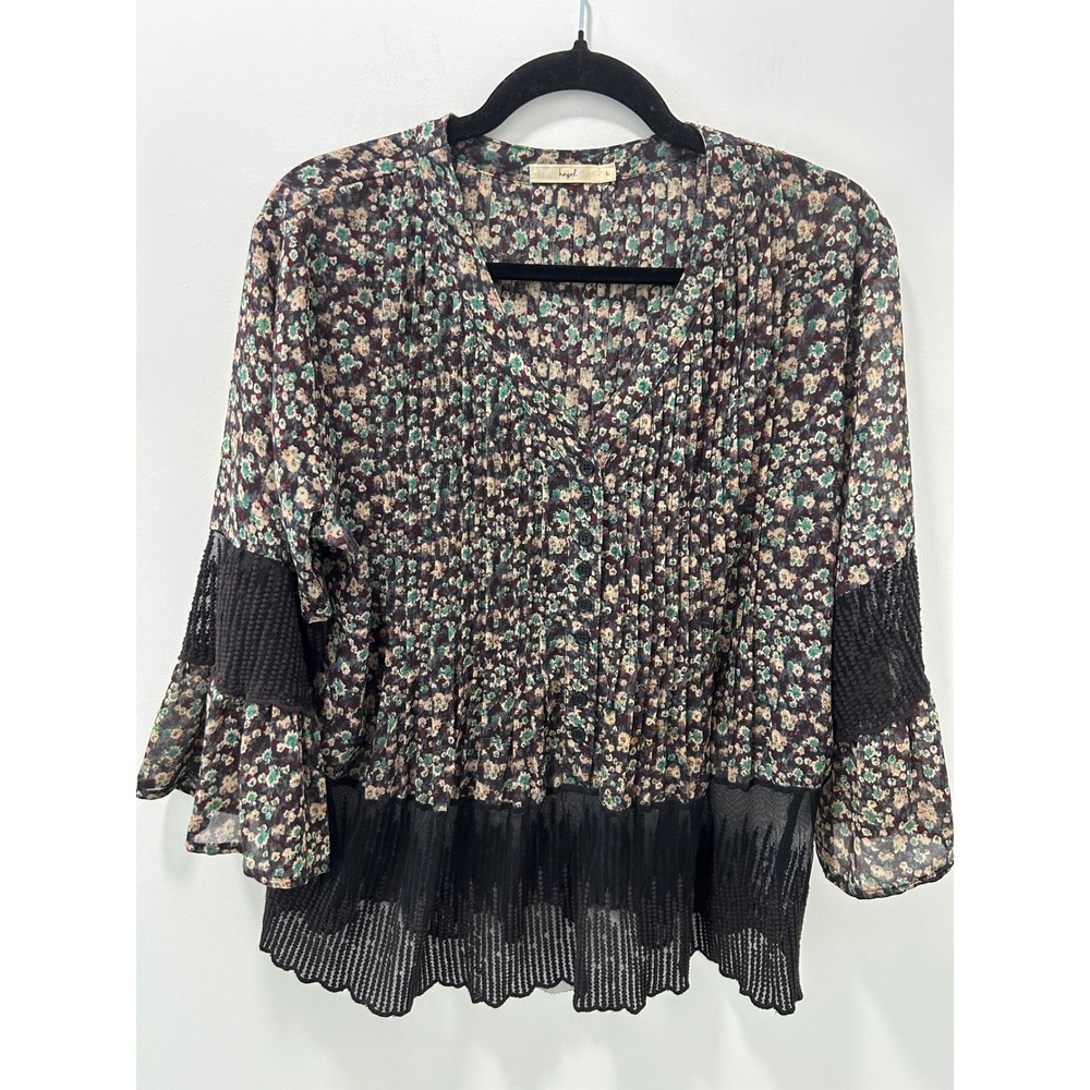 Hazel Floral Pleated Lace Trim Blouse Black Multi Bell Sleeve H33103 Womens L